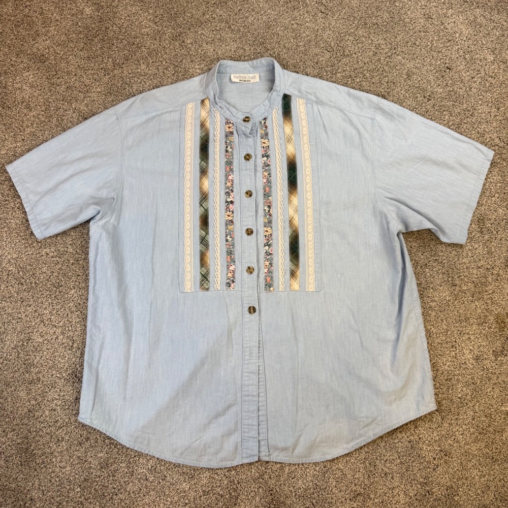 Vintage Victoria Jones Woman Blue Lace Floral Plaid Bib Button Up Shirt